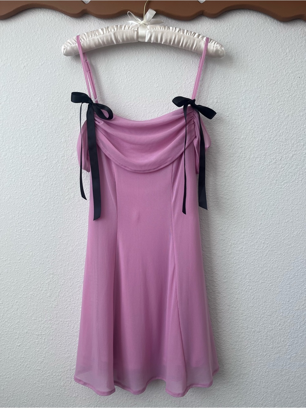 Kimchi Blue Pink Slip Mini Dress with Black Ribbon Straps